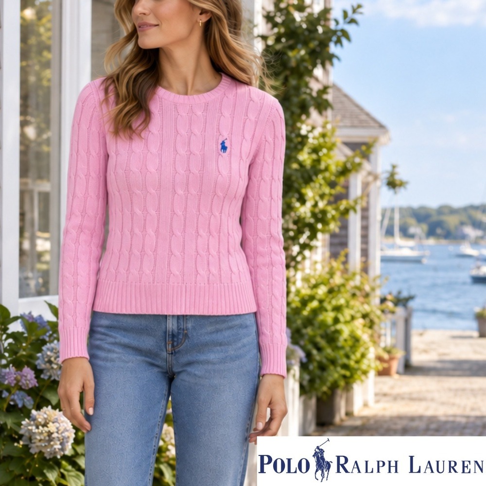 Polo by Ralph Lauren, Pink Cable Knit Cotton Sweater Long Sleeve Size Medium
